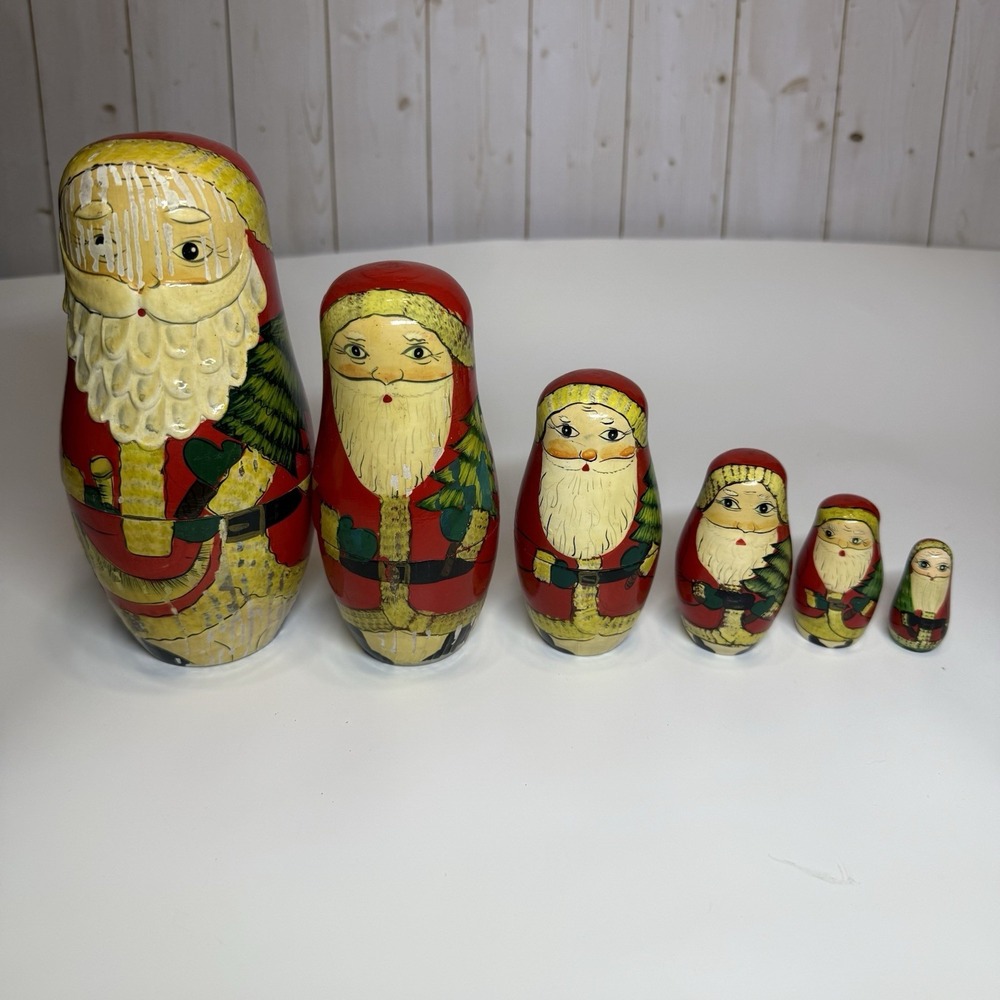 Vintage Santa Russian Matryoshka Wooden Nesting Dolls Set of 6 Has Paint Chips